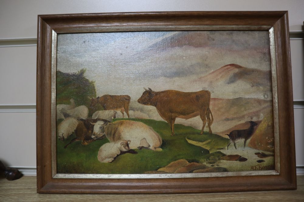 19th century English School, oil on mill board, Sheep in winter, 19 x 30cm, a pair of oils of horses and cattle by A.F. Barnes, 1913 an